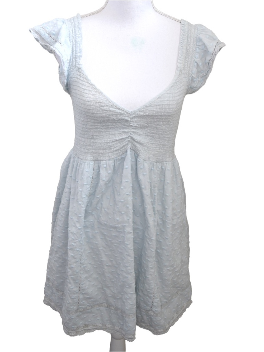 LOVESHACKFANCY Athalia Cotton Gauze Mini Dress M 8 Women Smocked Short BLUE